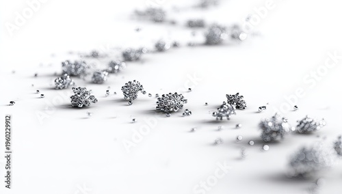 Abstract image of shimmering, crystalline structures cascading across a white background