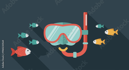 Snorkeling gear and colorful fish underwater.