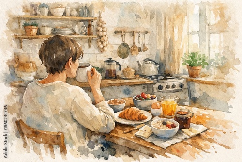 Watercolor illustration of a cozy kitchen breakfast scene with a person enjoying croissants and coffee. concept of morning routine, home comfort, and culinary delight.
