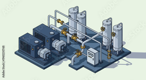 Isometric Industrial Water Treatment Plant with Pumps and Tanks.