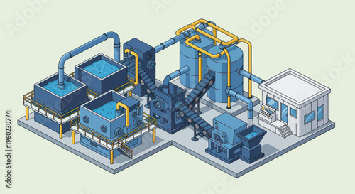 Isometric Industrial Water Treatment Plant Illustration.