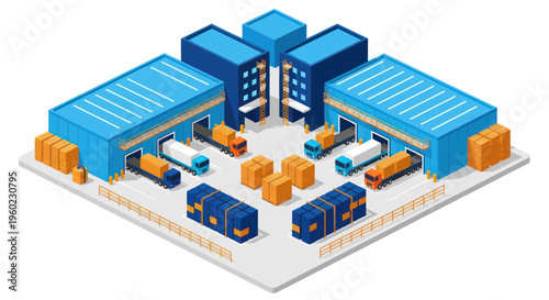 Isometric Logistics Warehouse and Delivery Trucks.