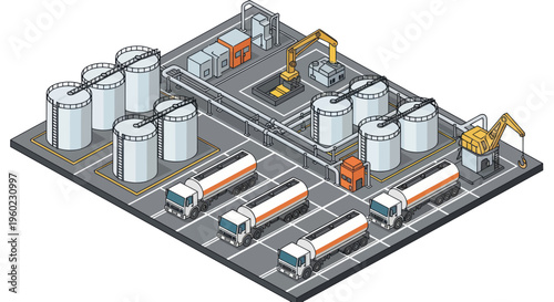 Isometric view of a large industrial fuel depot with storage tanks and tanker trucks.