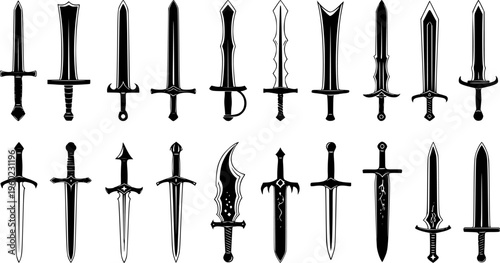 Medieval Sword and Fantasy Blade Silhouette Vector Icon Set
