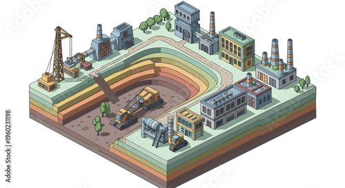 Isometric view of an open-pit mine with industrial buildings and heavy machinery.