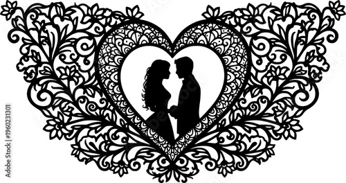 Laser cut template of wedding invitation, bride and groom in the heart frame. Openwork silhouette vector card. Couple in love in lace decor panel. Faces in profile at Valentine's day. Pattern cut out 