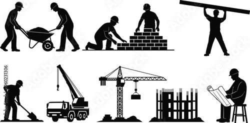 Black silhouette illustration of construction site featuring excavator, dump truck, workers with tools, and surveying activity representing teamwork, heavy machinery, civil engineeri