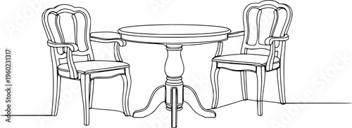 Garden chairs and table in continuous line art drawing style. Classic style dining room furniture black linear sketch isolated on white background. Vector illustration