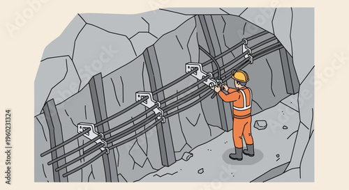 Miner working in a mine installing support beams and safety equipment.