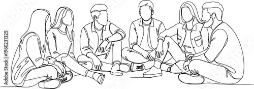 Group of young people sitting on ground together and talking. Friends rest and communicate. Continuous line art drawing style. Minimalist black linear sketch on white background. Vector illustration