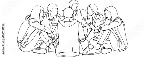 Group of young people sitting on ground together and talking. Friends rest and communicate. Continuous line art drawing style. Minimalist black linear sketch on white background. Vector illustration
