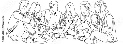 Group of young people sitting on ground together and talking. Friends rest and communicate. Continuous line art drawing style. Minimalist black linear sketch on white background. Vector illustration