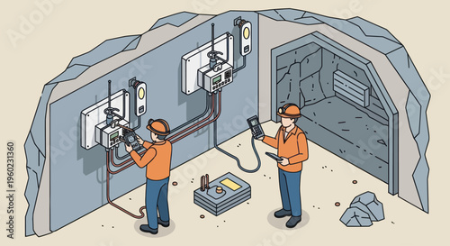 Miners working in an underground mine installing electrical equipment.