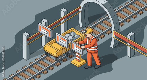 Miner working with mine cart full of ore in an underground mine.