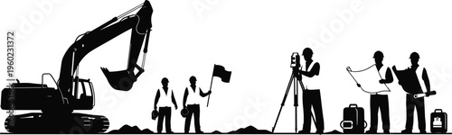 Black silhouette illustration of construction site with excavator, workers using shovels, surveyor with tripod, flag holder, and team examining blueprints representing civil engine