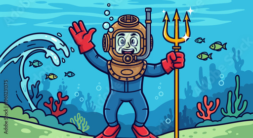 cartoon scuba diver in sea with fish.