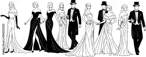 Elegant fashion silhouette set featuring women in glamorous evening gowns and men in formal tuxedos with top hats for luxury event design.

