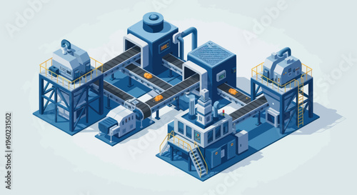 Modern automated factory production line with conveyor belts and machinery.
