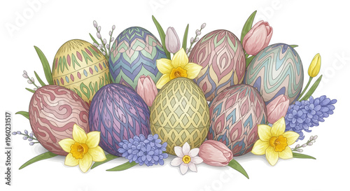 Colorful Easter eggs and flowers arrangement with pastel bunny, daffodils, and hyacinths on white background