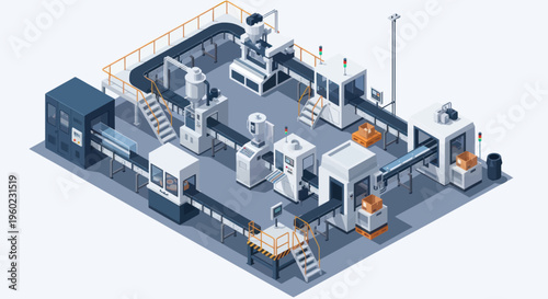 Modern automated factory production line with conveyor belts and machinery.