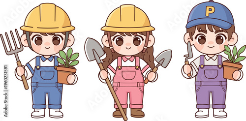 Cartoon illustration of three gardeners holding potted plants and tools including pitchfork, shovel, and trowel, symbolizing teamwork, gardening, planting, agriculture, and envi