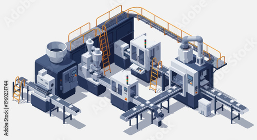 Modern automated industrial manufacturing production line with machinery and conveyor belts.
