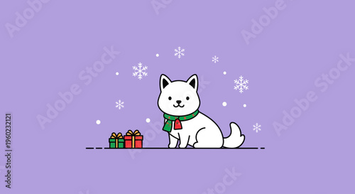Cute white dog with Christmas presents.