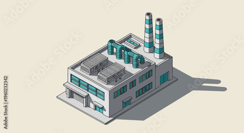 Modern Industrial Factory Building with Smokestacks and Equipment.