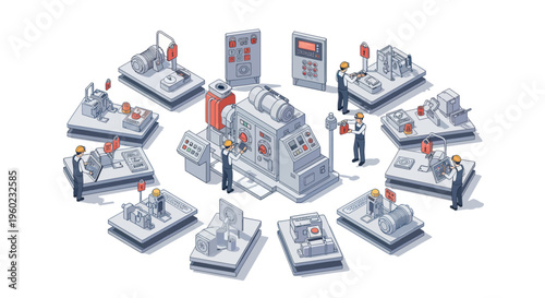 Modern Industrial Factory Production Line Assembly Machines and Workers.