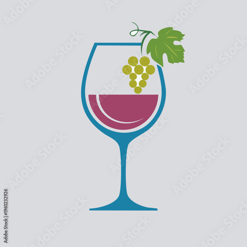 Stylized wine glass with red wine and grapes illustration.
