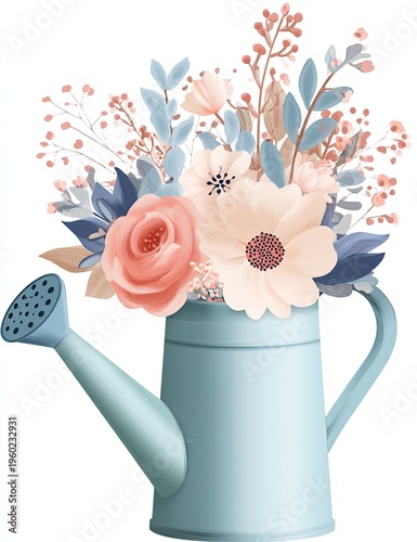 Pastel-colored flowers overflowing from a light-blue watering can