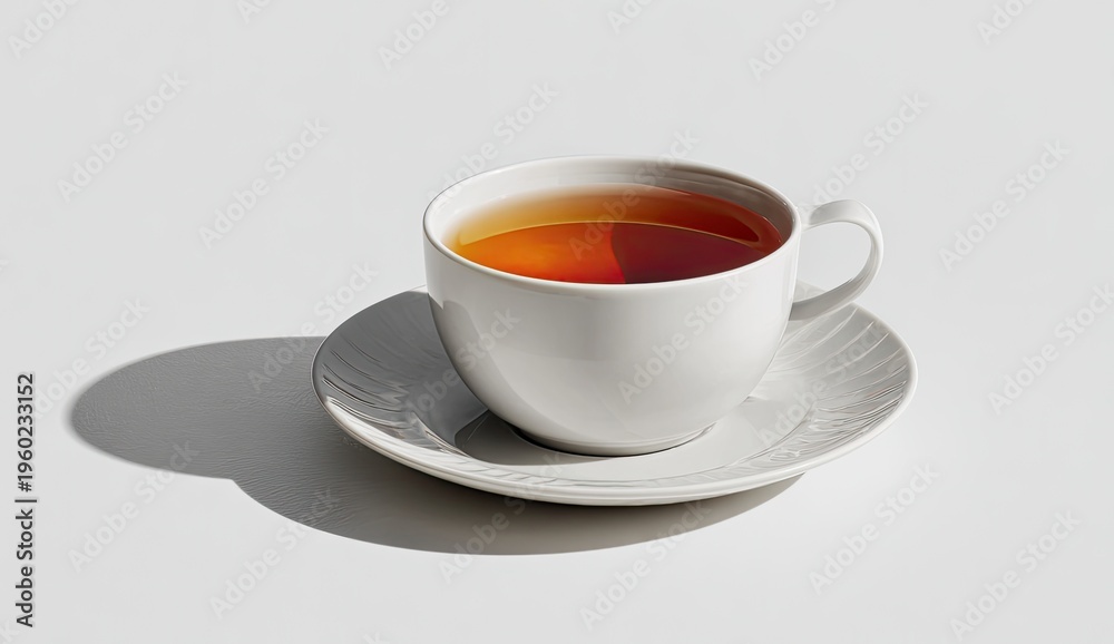 Fototapeta premium White teacup with tea, on a saucer, casting a shadow, isolated on a white background