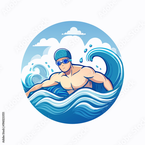 Swimmer in the water, swimming in the ocean, blue waves.