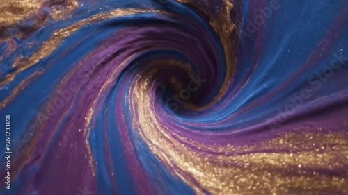 Abstract seamless swirl of vibrant blue, purple, and gold dust textures in a flowing vortex