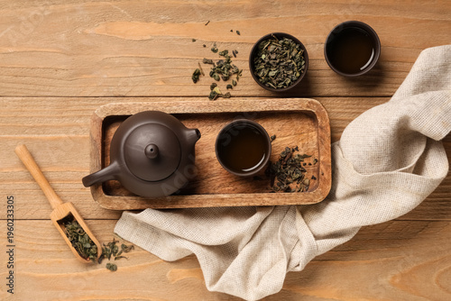 Teapot with cups of tea, dr...