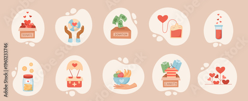 Charity donation icon set in flat style. Colorful philanthropy concept with money gift and food aid on beige background. Blood support symbols and charitable help box suit community project or ngo