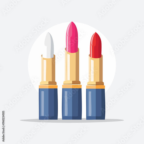 Three lipsticks in different colors on a white background.