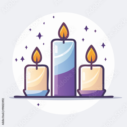Three lit candles on a circular background with stars.