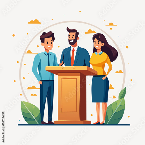 Three people at a podium, public speaking event.