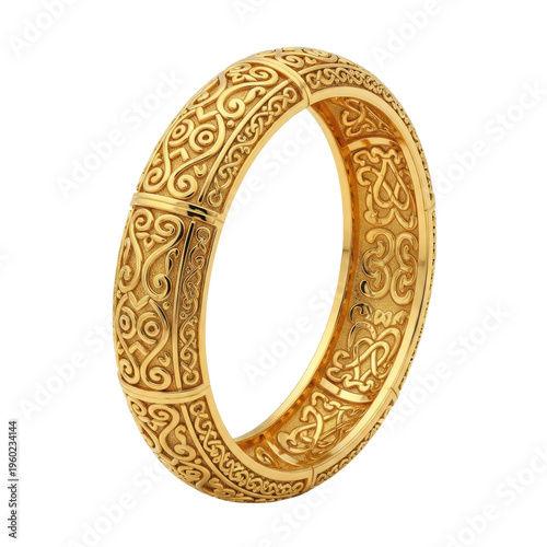 polished golden bangle featuring intricate traditional celtic knotwork and scroll patterns, isolated against a transparent background with ample copy space and no shadows. concept for luxurious