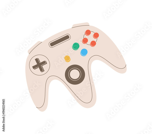 Retro gamepad controller in flat beige style. Vintage joystick and 90s console add classic video game charm. Icon for videogame and video entertainment, nostalgic digital element, perfect for playful