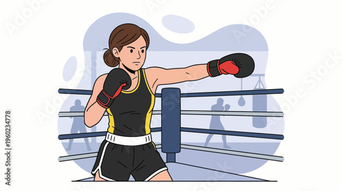 Determined Female Boxer Training Hard in a Gym, Throwing a Powerful Jab Inside the Boxing Ring, Showcasing Strength and Active Lifestyle