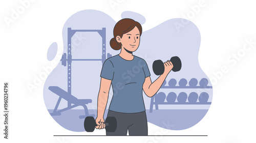 Determined Young Woman Working Out with Dumbbells in a Gym, Promoting Strength and Healthy Lifestyle