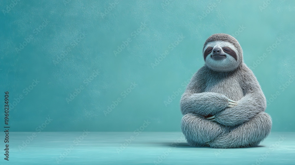 Fototapeta premium Cute Sloth Meditating in Zen Pose on Teal Background.