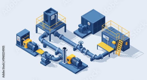 Isometric Industrial Water Pumping Station with Pipes and Machinery.