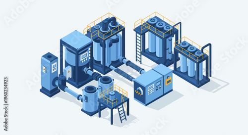 Isometric Industrial Water Treatment Plant Illustration.