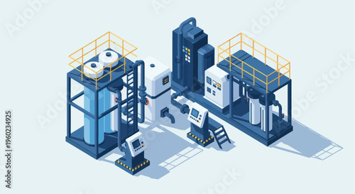 Isometric Industrial Water Treatment Plant Illustration with Modern Machinery.