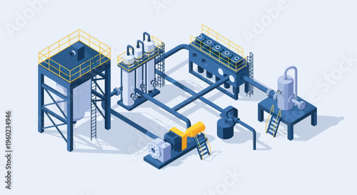 Isometric Industrial Water Treatment Plant Illustration.