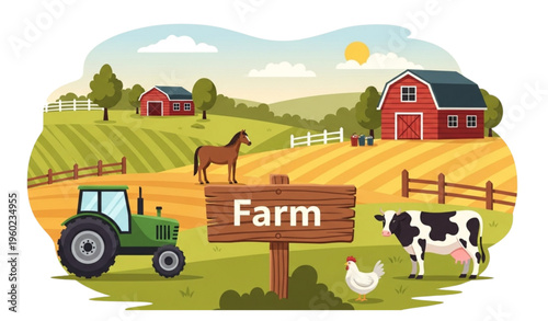 Countryside Farm Illustration Vector Tractor Animals and Farm Sign Landscape