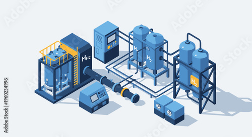 Isometric Industrial Water Treatment Plant with Tanks and Pipes.